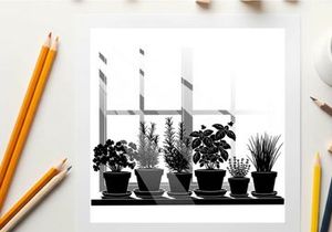 Silhouette of plants on a shelf in front of a window
