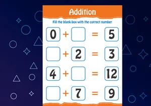 Basic math addition for kids. Fill the blank box with the correct number. Worksheet for kids