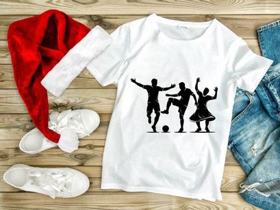 Silhouette of three people playing soccer and dancing together