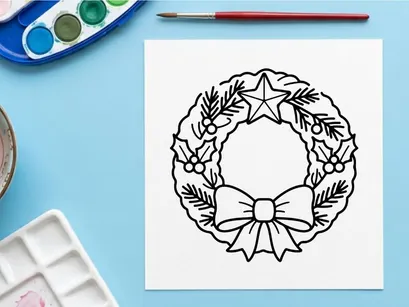 Weihnachtskranz-Linienkunst-Icon mit Stern und Schleife für Festtagsdesign und weihnachtliche Deko