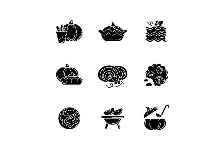 Pumpkin dishes black glyph icons set on white space