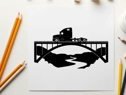 Truck crossing bridge silhouette against white background