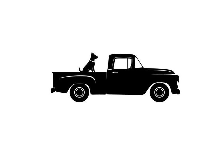 Silhouette of a dog in a classic pickup truck