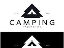 vintage and retro tent logo, camping. With tent, tree and bonfire sign. adventurers, scouts, climbers, camping equipment center