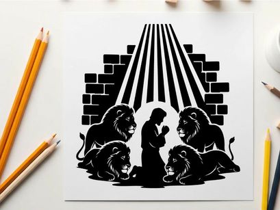 Biblical silhouette of daniel in the lions' den with divine intervention