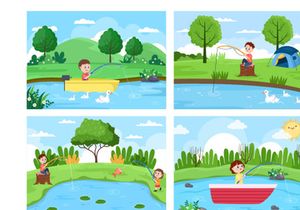 20 Children Fishing Fish Vector Illustration