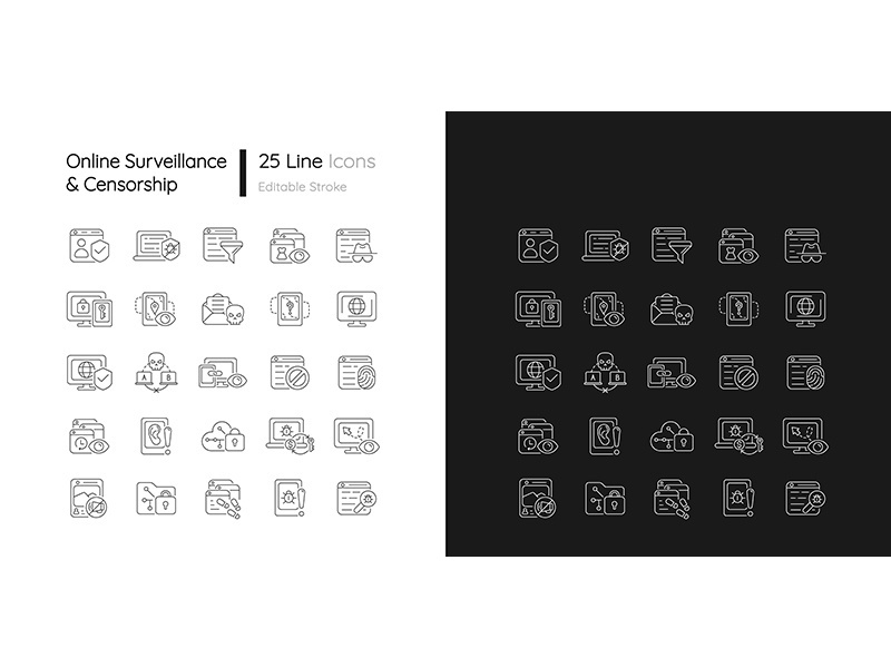 Online surveillance and censorship linear icons set for dark and light mode