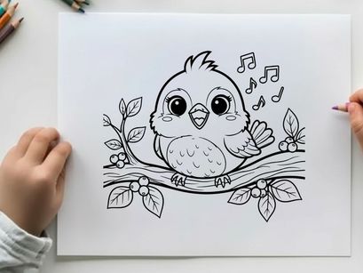 Cute singing baby bird with music notes vector illustration