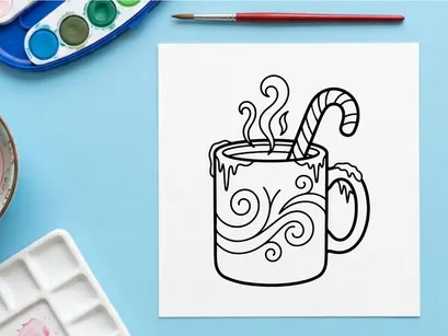 Taza de chocolate caliente humeante con agitador de bastón de caramelo para celebración navideña festiva