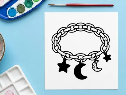 Ilustrasi gelang pesona surgawi. Ikon perhiasan bulan dan bintang pada rantai.