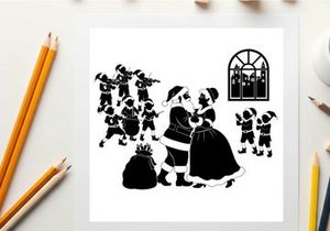 Christmas silhouette of santa and mrs claus with children playing outside window