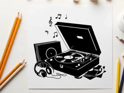 Silhouette of a record player with music notes and headphones