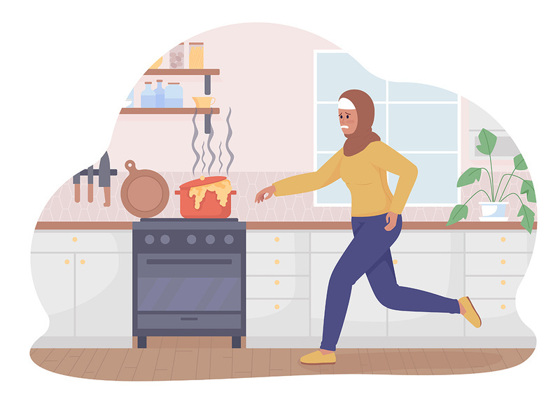 Disaster in kitchen 2D vector isolated illustration