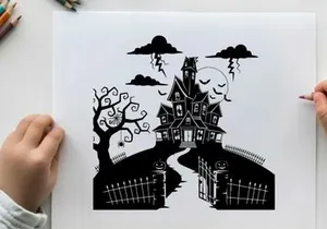 A silhouette of a spooky haunted house on a hill with clouds and bats