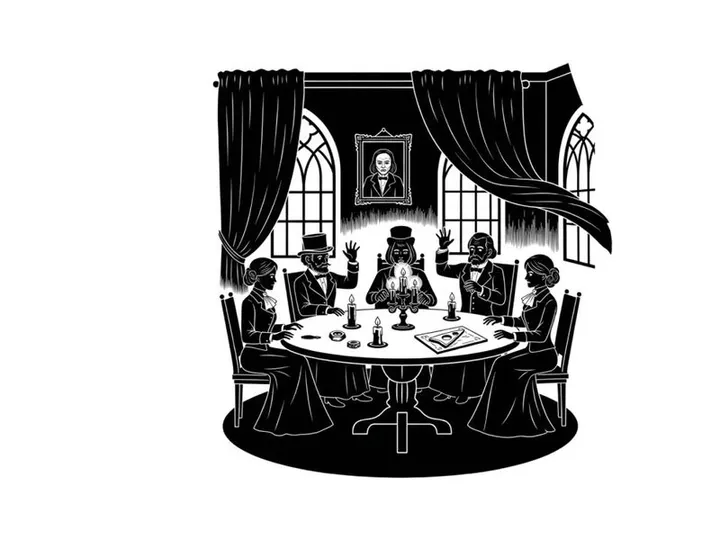 Silhouette of people gathered around a ouija board in a dimly lit room