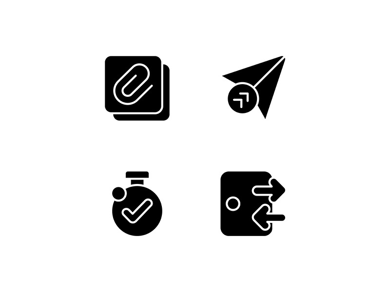Mobile application interface black glyph icons set on white space