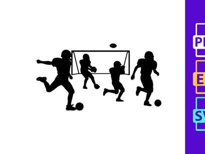 Silhouette of soccer players in action kicking balls near a goal