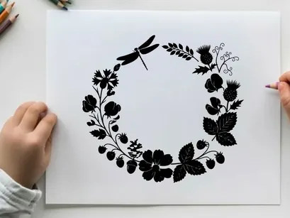 Silhouette floral wreath with dragonfly and leaves silhouette