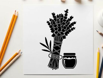 Silhouette of lavender bouquet and honey jar