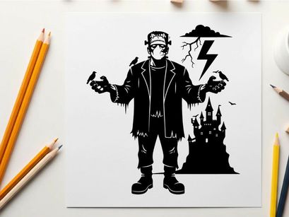 Frankenstein's monster silhouette in front of haunted castle