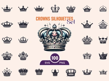 Royal Crown Silhouette, Retro King Crown Icons. preview picture
