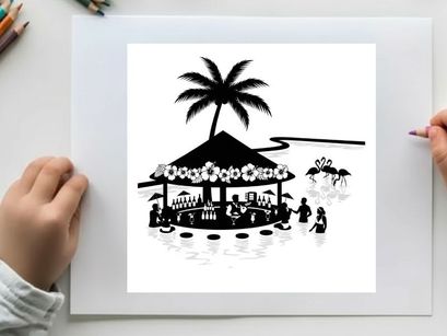 Beachside silhouette of a tropical gazebo with palm trees and people