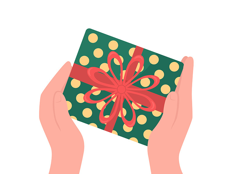 Hands give wrapped gift flat color vector object