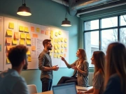 Team of designers brainstorming with sticky notes on a whiteboard.