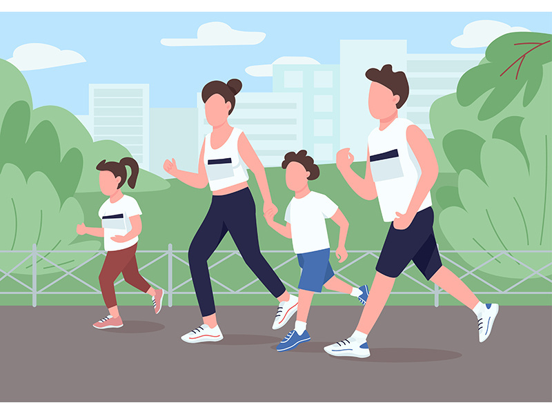 Family run marathon flat color vector illustration