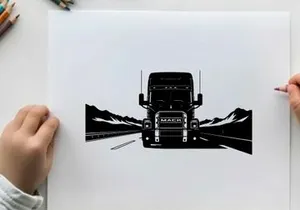 Silhouette of a large truck driving on a mountain road