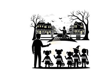 Halloween scene with silhouette of adults and children trick or treating preview picture
