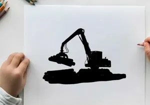 Silhouette of a large excavator machine in a black industrial setting