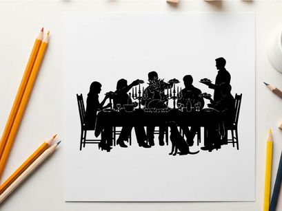 Silhouette of people gathered around a dinner table eating