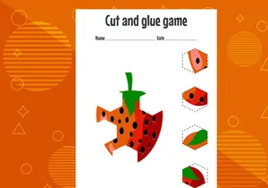10 Pages Cut and glue game for kids with fruits. Cutting practice for preschoolers. Education page