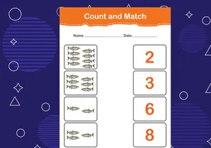 10 Pages Count and match with the correct number. Matching education game. Count how many items and choose the correct number