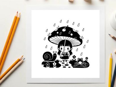 Little girl under a mushroom silhouette on a rainy day