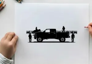 Silhouette of people and a horse standing near a pickup truck