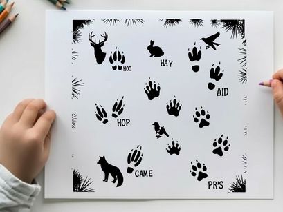 Animal silhouette collage with various footprints and creatures silhouette