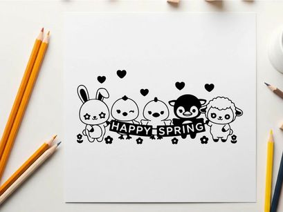Kawaii cartoon characters celebrate happy spring in silhouette