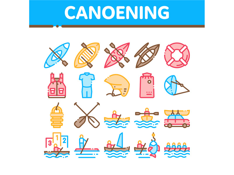 Canoeing Collection Elements Icons Set Vector