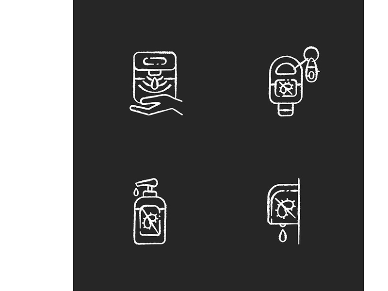 Hygienic hand sanitizers chalk white icons set on black background