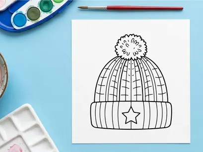 Winter knit beanie hat with pom pom and star icon, black and white line art illustration.