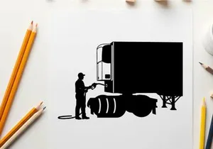 Silhouette of a man washing a semi truck with a hose