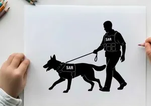 Silhouette of a man walking a search and rescue dog