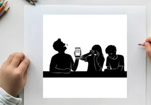 Silhouette of three people looking at a phone in a row