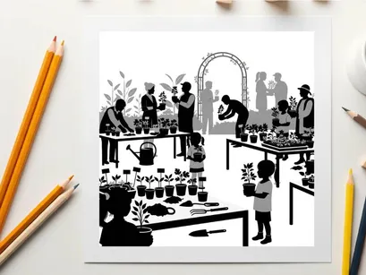 Silhouette of people gardening and planting in a community event setting