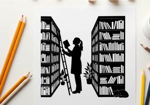Silhouette of woman retrieving book from tall bookshelf using ladder