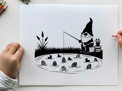 Gnome silhouette fishing for snails in a serene pond environment silhouette