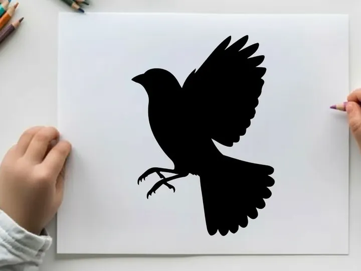 Silhouette of a bird in flight with outstretched wings and legs