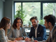 A diverse group of professionals sits around a table.